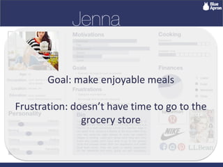 Goal: make enjoyable meals
Frustration: doesn’t have time to go to the
grocery store
 