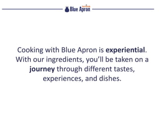 Cooking with Blue Apron is experiential.
With our ingredients, you’ll be taken on a
journey through different tastes,
experiences, and dishes.
 