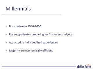 Millennials
▪ Born between 1980-2000
▪ Recent graduates preparing for first or second jobs
▪ Attracted to individualized experiences
▪ Majority are economically efficient
 