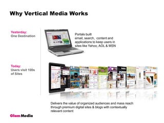 Why Vertical Media WorksYesterday:One DestinationPortals built email, search,  content and applications to keep users in sites like Yahoo, AOL & MSNToday:Users visit 100s of SitesDelivers the value of organized audiences and mass reach through premium digital sites & blogs with contextually relevant content