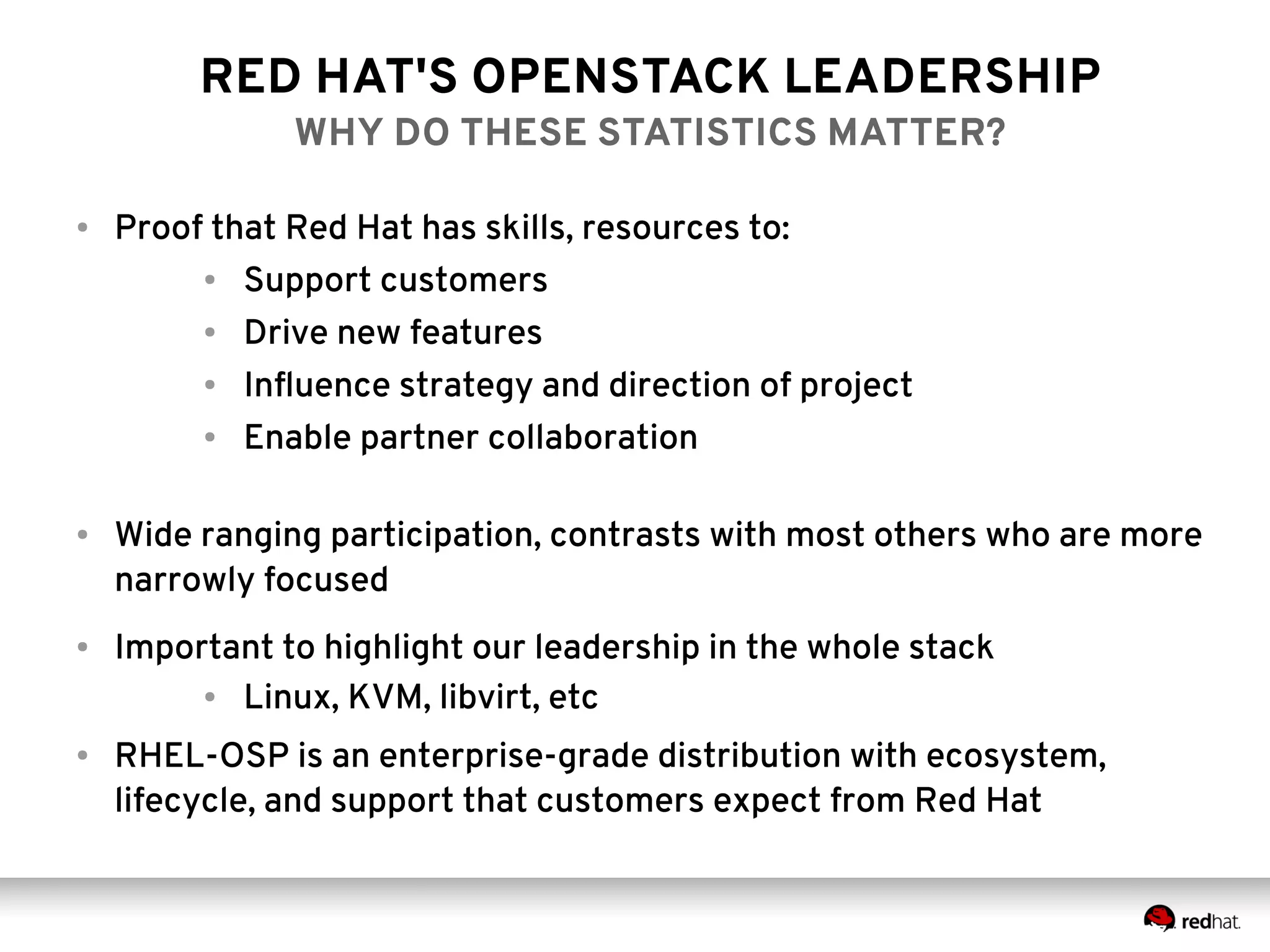 RED HAT'S OPENSTACK LEADERSHIP 
WHY DO THESE STATISTICS MATTER? 
● Proof that Red Hat has skills, resources to: 
● Support customers 
● Drive new features 
● Influence strategy and direction of project 
● Enable partner collaboration 
● Wide ranging participation, contrasts with most others who are more 
narrowly focused 
● Important to highlight our leadership in the whole stack 
● Linux, KVM, libvirt, etc 
● RHEL-OSP is an enterprise-grade distribution with ecosystem, 
lifecycle, and support that customers expect from Red Hat 
 