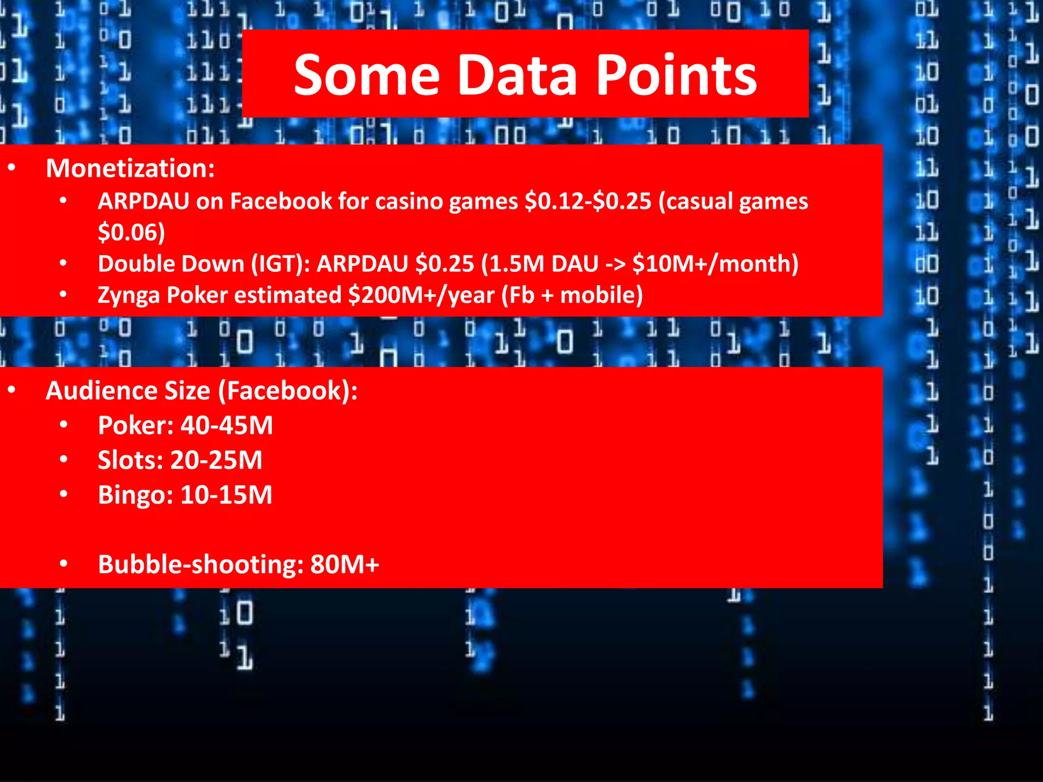 Some Data Points
• Monetization:
    •   ARPDAU on Facebook for casino games $0.12-$0.25 (casual games
        $0.06)
    •   Double Down (IGT): ARPDAU $0.25 (1.5M DAU -> $10M+/month)
    •   Zynga Poker estimated $200M+/year (Fb + mobile)


• Audience Size (Facebook):
   • Poker: 40-45M
   • Slots: 20-25M
   • Bingo: 10-15M

    • Bubble-shooting: 80M+
 