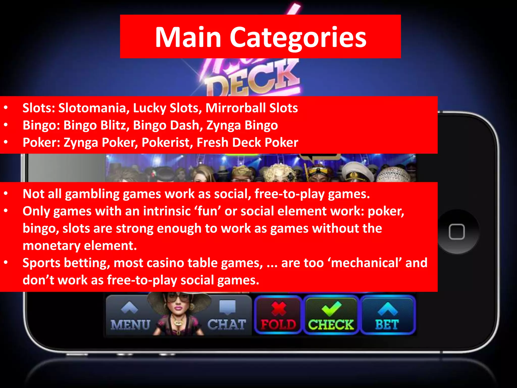 Main Categories

• Slots: Slotomania, Lucky Slots, Mirrorball Slots
• Bingo: Bingo Blitz, Bingo Dash, Zynga Bingo
• Poker: Zynga Poker, Pokerist, Fresh Deck Poker


• Not all gambling games work as social, free-to-play games.
• Only games with an intrinsic ‘fun’ or social element work: poker,
  bingo, slots are strong enough to work as games without the
  monetary element.
• Sports betting, most casino table games, ... are too ‘mechanical’ and
  don’t work as free-to-play social games.
 