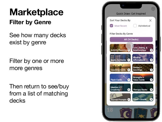 Filter by Genre
Marketplace
See how many decks
exist by genre

Filter by one or more
more genres

Then return to see/buy
from a list of matching
decks
 