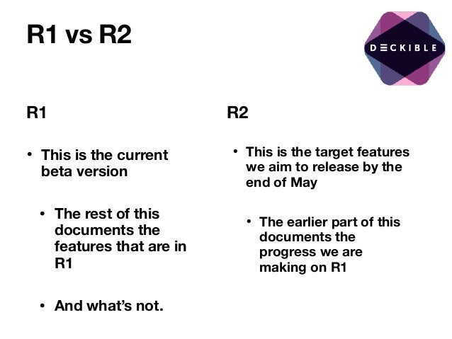 R1 vs R2
R1
• This is the current
beta version
• The rest of this
documents the
features that are in
R1
• And what’s not.
R2
• This is the target features
we aim to release by the
end of May
• The earlier part of this
documents the
progress we are
making on R1
 