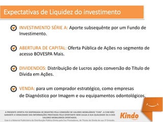 INVESTIMENTO SÉRIE A: Aporte subsequênte por um Fundo de
Investimento.
ABERTURA DE CAPITAL: Oferta Pública de Ações no segmento de
acesso BOVESPA Mais.
DIVIDENDOS: Distribuição de Lucros após conversão do Título de
Dívida em Ações.
VENDA: para um comprador estratégico, como empresas
de Diagnóstico por Imagem e ou equipamentos odontológicos.
A PRESENTE OFERTA FOI DISPENSADA DE REGISTRO PELA COMISSÃO DE VALORES MOBILIÁRIOS “CVM”. A CVM NÃO
GARANTE A VERACIDADE DAS INFORMAÇÕES PRESTADAS PELO OFERTANTE NEM JULGA A SUA QUALIDADE OU A DOS
VALORES MOBILIÁRIOS OFERTADOS.
Este é o Material Publicitário da Distribuição Pública Direta pela Evo Prestadores, de Títulos de Dívida de sua 1ª Emissão.
Expectativas de Liquidez do investimento
 