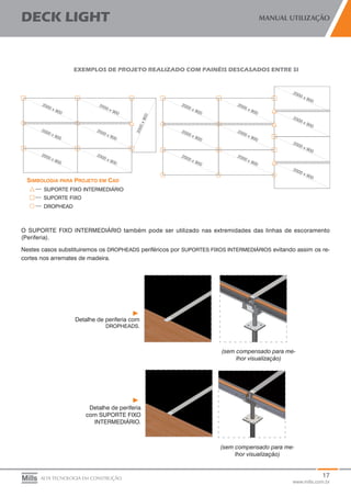 17
www.mills.com.br
DECK LIGHT MANUAL UTILIZAÇÃO
ALTA TECNOLOGIA EM CONSTRUÇÃO
EXEMPLOS DE PROJETO REALIZADO COM PAINÉIS DESCASADOS ENTRE SI
O SUPORTE FIXO INTERMEDIÁRIO também pode ser utilizado nas extremidades das linhas de escoramento
(Periferia).
Nestes casos substituiremos os DROPHEADS periféricos por SUPORTES FIXOS INTERMEDIÁRIOS evitando assim os re-
cortes nos arremates de madeira.
Detalhe de periferia com
DROPHEADS.
Detalhe de periferia
com SUPORTE FIXO
INTERMEDIÁRIO.
(sem compensado para me-
lhor visualização)
(sem compensado para me-
lhor visualização)
 
