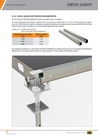18
www.mills.com.br
MANUAL UTILIZAÇÃO DECK LIGHT
SEMPRE APOIANDO A SUA OBRA
2.4. VIGA GUIA DE REESCORAMENTO
A VIGA GUIA DE REESCORAMENTO auxilia a vedação entre os painéis.
As vigas são perfis extrudados de alumínio com largura e altura de 2” (≅ 5 cm). Estes perfis são apoia-
dos nos DROPHEADS e fazem a vedação dos painéis na faixa onde estão posicionados os DROPHEADS. Seus
comprimentos são compatíveis com os perfis longitudinais dos painéis.
Comprimento do perfil
(mm)
Peso do perfil
(kg)
900 1,50
1400 2,30
1900 3,20
TABELA 4 - CONFIGURAÇÕES
VIGA GUIA DE ESCORAMENTO
Na ocasião da desfôrma, a VIGA GUIA DE REESCORAMENTO é desformada junto com a bandeja do DROPHEAD.
Desta forma, é possível reaproveitá-la na etapa seguinte. Vide imagem do detalhe a seguir.
 