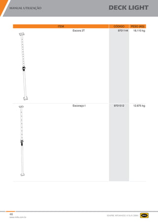 46
www.mills.com.br
MANUAL UTILIZAÇÃO DECK LIGHT
SEMPRE APOIANDO A SUA OBRA
ITEM CÓDIGO PESO (KG)
Escora 2T 9701144 18,110 kg
Escoraço I 9701512 12,675 kg
 