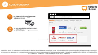 ⚡
A PRESENTE OFERTA FOI DISPENSADA DE REGISTRO PELA COMISSÃO DE VALORES MOBILIÁRIOS “CVM”. A CVM NÃO GARANTE A VERACIDADE DAS INFORMAÇÕES PRESTADAS PELO OFERTANTE
NEM JULGA A SUA QUALIDADE OU A DOS VALORES MOBILIÁRIOS OFERTADOS. Este é o Material Publicitário da Distribuição Pública Direta pela MERCADO BRASIL INTERMEDIACAO
DE COMPRAS E ENTREGAS LTDA, de Títulos de Dívida de sua 1ª Emissão.
COMO FUNCIONA
1 OS FORNECEDORES DISPONIBILIZAM
A BASE DE PREÇOS
2 O SITE REPASSA OS PREÇOS E PERMITE
A COMPARAÇÃO.
www.mercadoribeirao.com.br
 