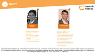 ⚡
A PRESENTE OFERTA FOI DISPENSADA DE REGISTRO PELA COMISSÃO DE VALORES MOBILIÁRIOS “CVM”. A CVM NÃO GARANTE A VERACIDADE DAS INFORMAÇÕES PRESTADAS PELO OFERTANTE
NEM JULGA A SUA QUALIDADE OU A DOS VALORES MOBILIÁRIOS OFERTADOS. Este é o Material Publicitário da Distribuição Pública Direta pela MERCADO BRASIL INTERMEDIACAO
DE COMPRAS E ENTREGAS LTDA, de Títulos de Dívida de sua 1ª Emissão.
EQUIPE
• Arquiteto da Informação e
especialista em Internet
Businesses
• Sócio-fundador da HighPix
Tecnologias Web e Mobile
(10 anos)
• Idealizador, sócio-fundador
e CEO do Mercado Ribeirão
LEANDRO L.
FALCÃO
• Mestre em Engenharia de
Produção – POLI/USP
• Engenheiro Mecânico / Produção
– Unifei (Univ. Federal de Itajubá)
• Executivo de Logística na Coca-
Cola, Renault, Embraer, Droga
Raia, Drogacenter, Atlas
Transportes e Rodonaves.
• Sócio e Consultor de Logística do
Mercado Ribeirão – Visitas e
reuniões semanais
LUIZ GUILHERME
RAVACCI PIRES
 
