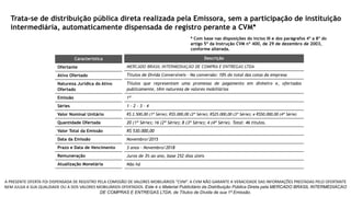 A PRESENTE OFERTA FOI DISPENSADA DE REGISTRO PELA COMISSÃO DE VALORES MOBILIÁRIOS “CVM”. A CVM NÃO GARANTE A VERACIDADE DAS INFORMAÇÕES PRESTADAS PELO OFERTANTE
NEM JULGA A SUA QUALIDADE OU A DOS VALORES MOBILIÁRIOS OFERTADOS. Este é o Material Publicitário da Distribuição Pública Direta pela MERCADO BRASIL INTERMEDIACAO
DE COMPRAS E ENTREGAS LTDA, de Títulos de Dívida de sua 1ª Emissão.
Descrição
MERCADO BRASIL INTERMEDIAÇÃO DE COMPRA E ENTREGAS LTDA
Títulos de Dívida Conversíveis – Na conversão: 10% do total das cotas da empresa
Títulos que representam uma promessa de pagamento em dinheiro e, ofertados
publicamente, têm natureza de valores mobiliários
1ª
1 – 2 – 3 - 4
R$ 2.500,00 (1ª Série); R$5.000,00 (2ª Série); R$25.000,00 (3ª Série); e R$50.000,00 (4ª Série)
20 (1ª Série); 16 (2ª Série); 8 (3ª Série); 4 (4ª Série). Total: 46 títulos.
R$ 530.000,00
Novembro/2015
3 anos - Novembro/2018
Juros de 3% ao ano, base 252 dias úteis
Não há
Característica
Ofertante
Ativo Ofertado
Natureza Jurídica do Ativo
Ofertado
Emissão
Séries
Valor Nominal Unitário
Quantidade Ofertada
Valor Total da Emissão
Data da Emissão
Prazo e Data de Vencimento
Remuneração
Atualização Monetária
* Com base nas disposições do inciso III e dos parágrafos 4º a 8º do
artigo 5º da Instrução CVM nº 400, de 29 de dezembro de 2003,
conforme alterada.
Trata-se de distribuição pública direta realizada pela Emissora, sem a participação de instituição
intermediária, automaticamente dispensada de registro perante a CVM*
 