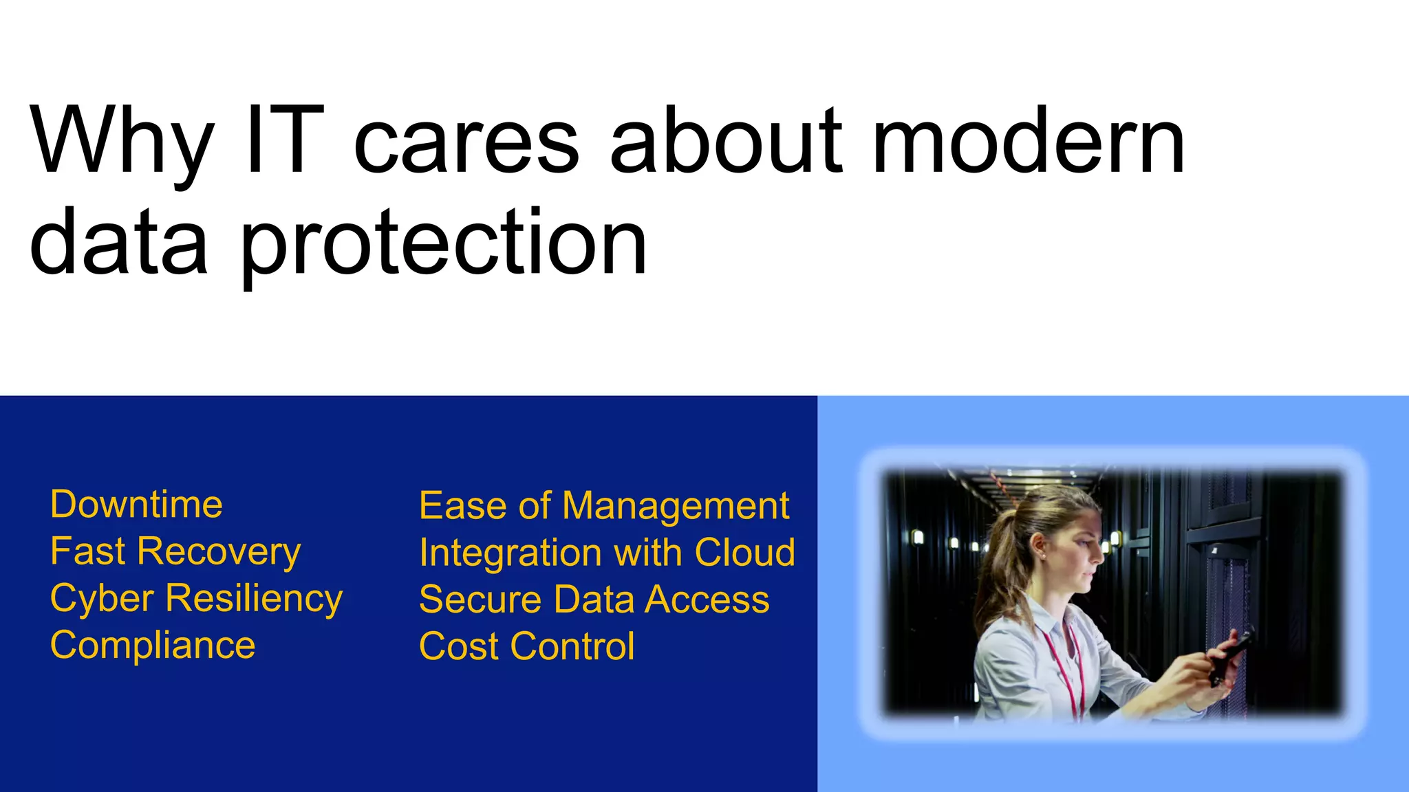 Why IT cares about modern
data protection
Downtime
Fast Recovery
Cyber Resiliency
Compliance
Ease of Management
Integration with Cloud
Secure Data Access
Cost Control
 