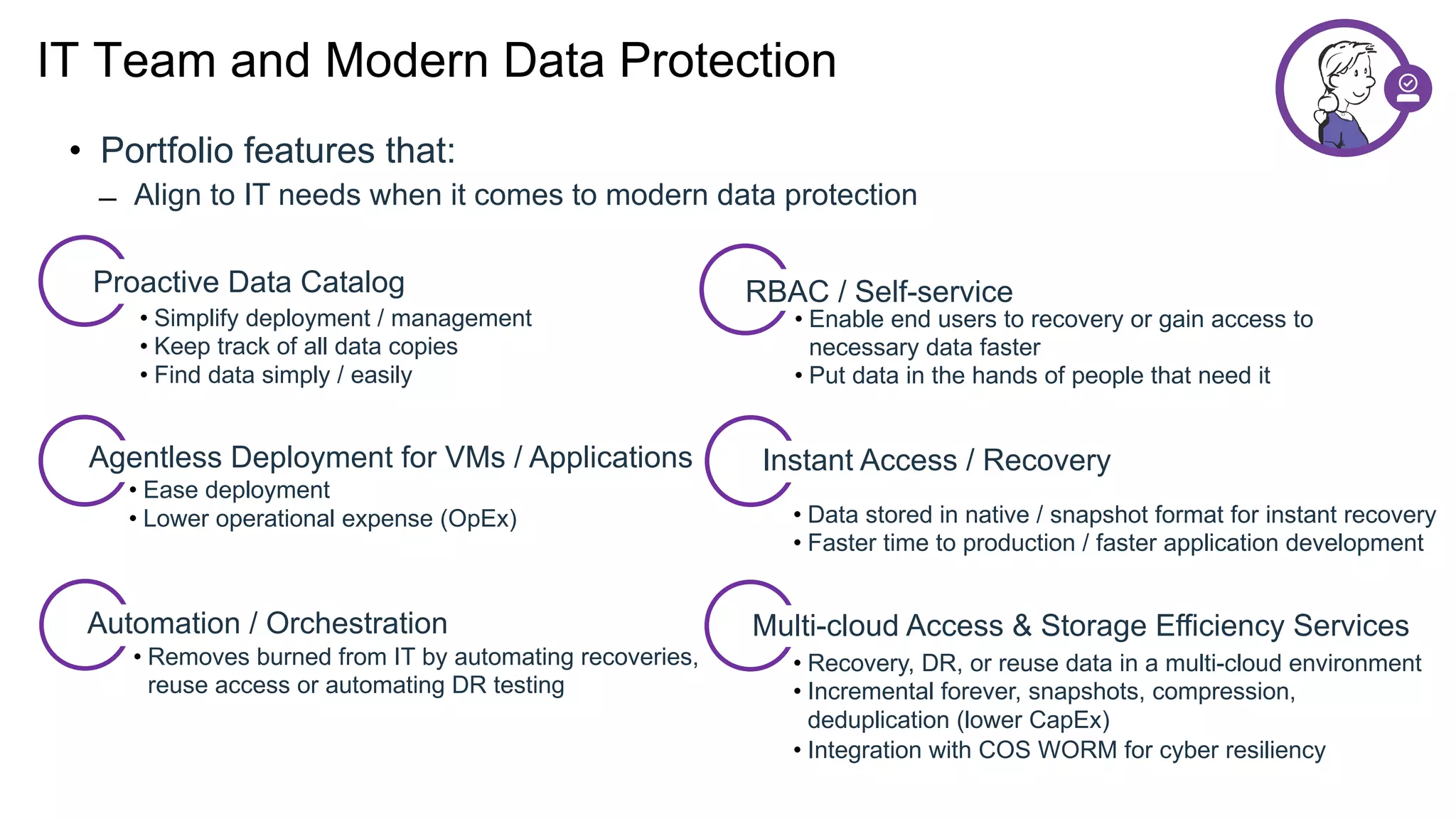 IT Team and Modern Data Protection
• Portfolio features that:
̶ Align to IT needs when it comes to modern data protection
RBAC / Self-service
• Enable end users to recovery or gain access to
necessary data faster
• Put data in the hands of people that need it
Agentless Deployment for VMs / Applications
• Ease deployment
• Lower operational expense (OpEx)
Instant Access / Recovery
• Data stored in native / snapshot format for instant recovery
• Faster time to production / faster application development
Multi-cloud Access & Storage Efficiency Services
• Recovery, DR, or reuse data in a multi-cloud environment
• Incremental forever, snapshots, compression,
deduplication (lower CapEx)
• Integration with COS WORM for cyber resiliency
Proactive Data Catalog
• Simplify deployment / management
• Keep track of all data copies
• Find data simply / easily
• Removes burned from IT by automating recoveries,
reuse access or automating DR testing
Automation / Orchestration
 