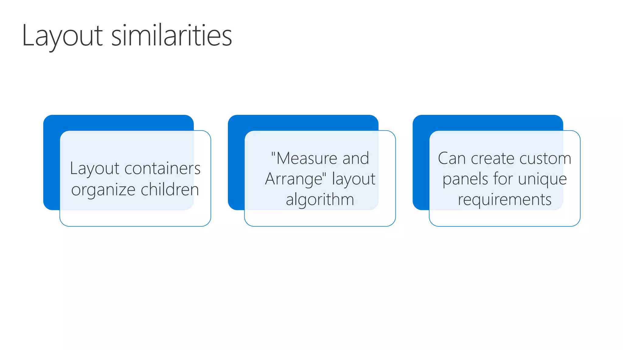 Layout containers organize children "Measure and Arrange" layout algorithm Can create custom panels for unique requirements 