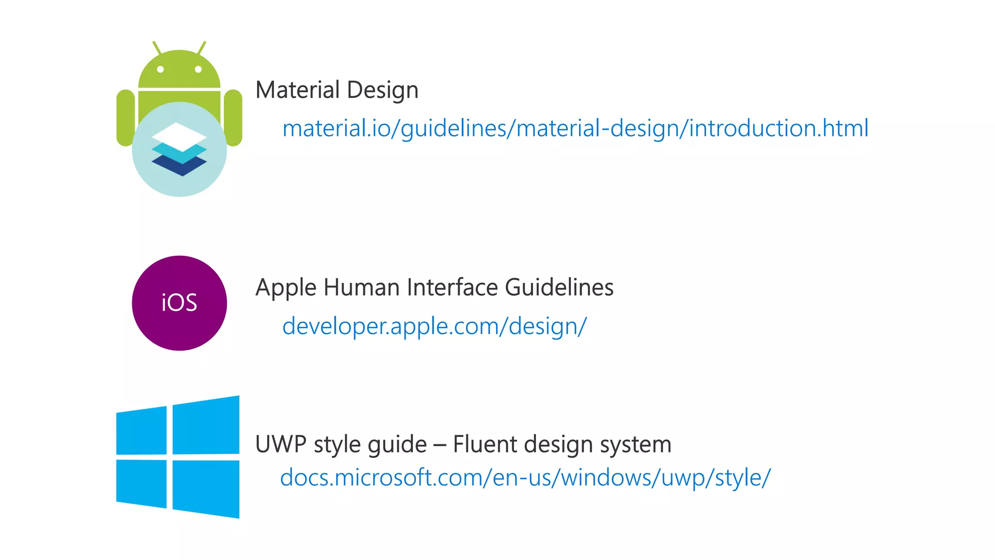 material.io/guidelines/material-design/introduction.html developer.apple.com/design/ docs.microsoft.com/en-us/windows/uwp/style/ 