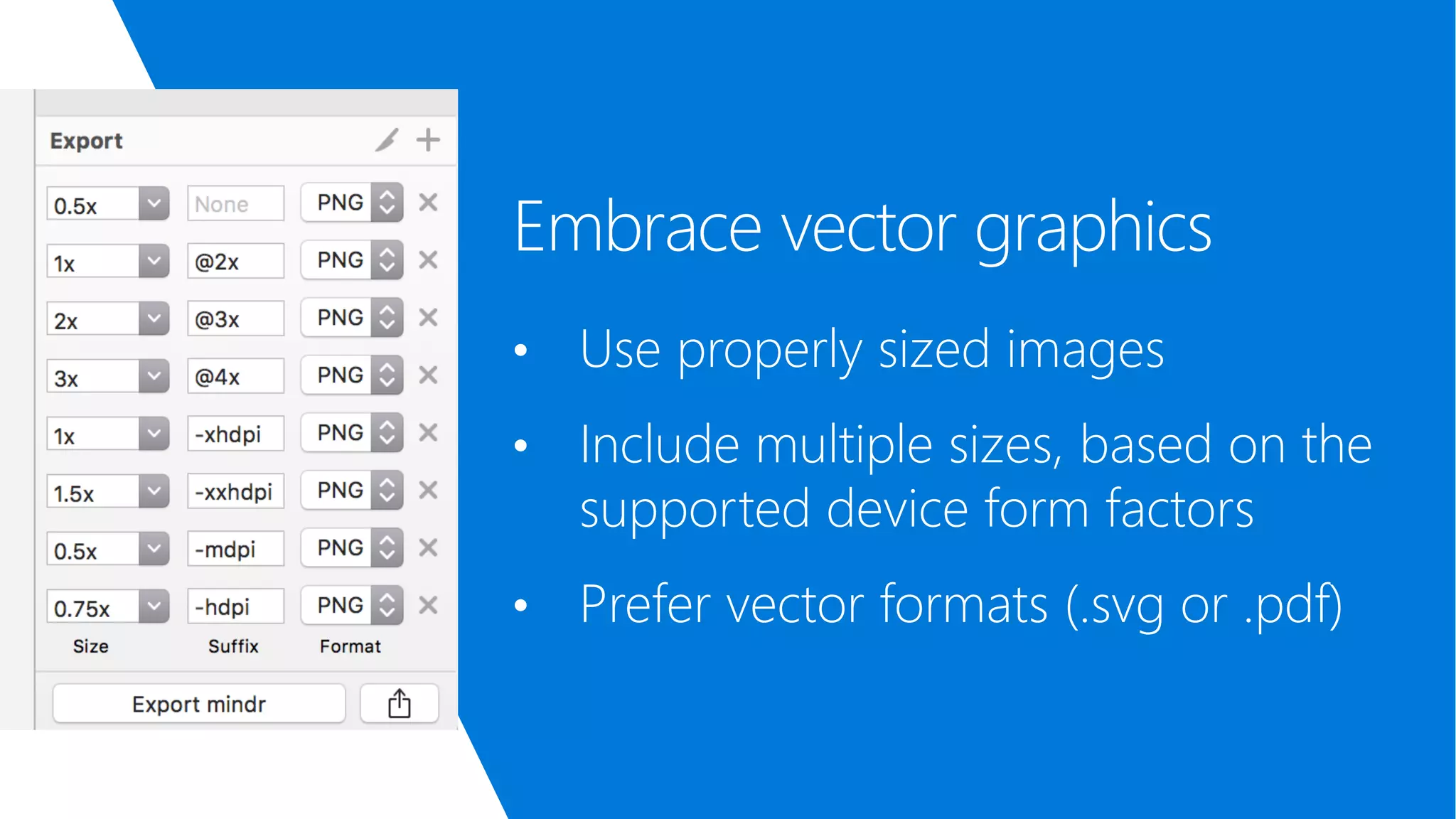 Embrace vector graphics • Use properly sized images • Include multiple sizes, based on the supported device form factors • Prefer vector formats (.svg or .pdf) 