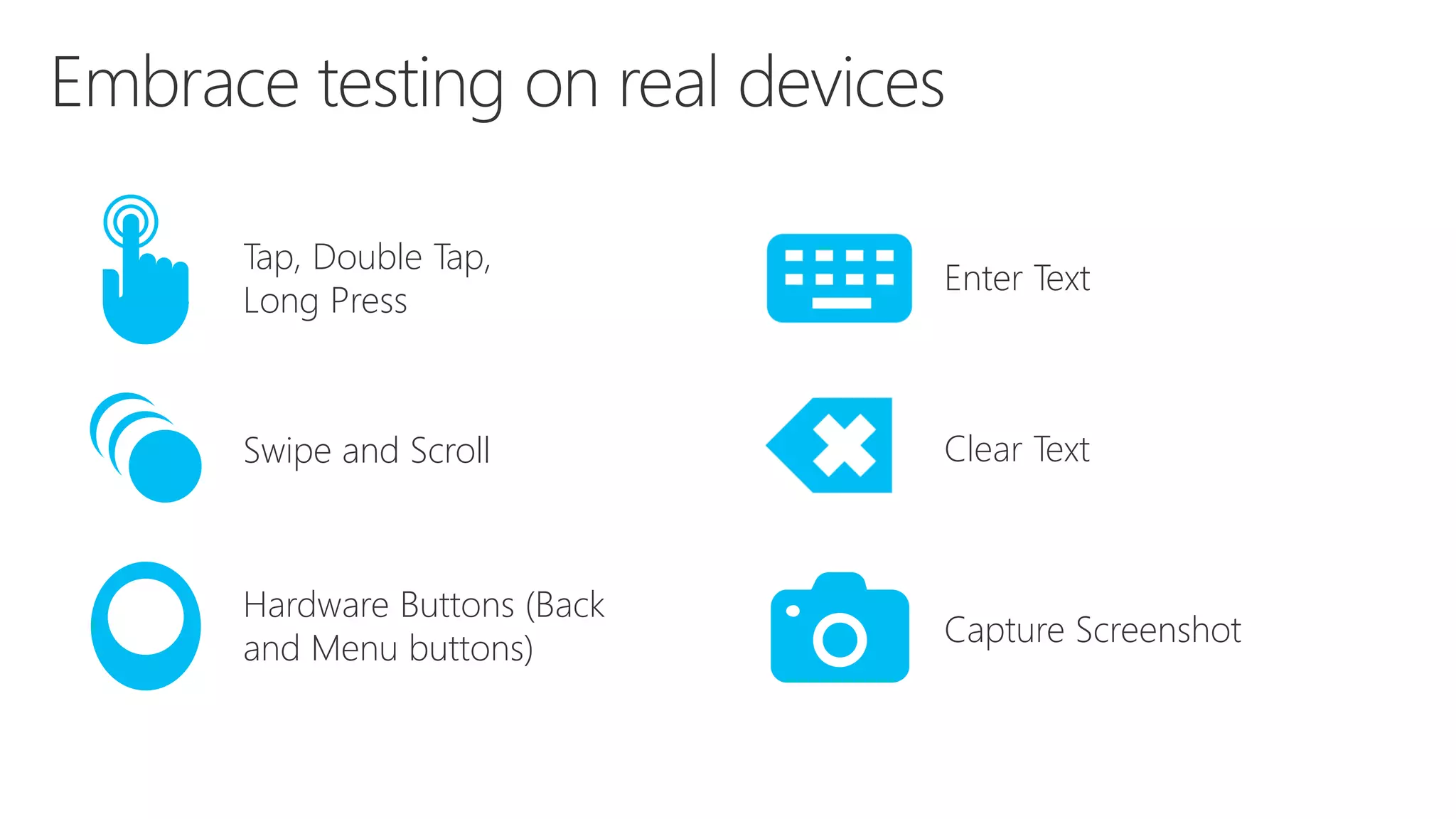 Tap, Double Tap, Long Press Swipe and Scroll Hardware Buttons (Back and Menu buttons) Enter Text Clear Text Capture Screenshot 