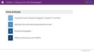 Cenário 2 - Visto por uma Tela | Desvantagens
Pontos de Atenção
Tela pode mudar o layout/navegação e “quebrar” o contrato.
Sessão do Navegador.
1
Aplicação não pode estar preparada para escalar.2
3
Melhor cenário de uso é em MVPs.4
 