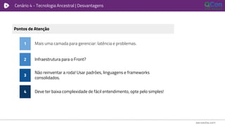 Cenário 4 - Tecnologia Ancestral | Desvantagens
Pontos de Atenção
Mais uma camada para gerenciar: latência e problemas.
Não reinventar a roda! Usar padrões, linguagens e frameworks
consolidados.
1
Infraestrutura para o Front?2
3
Deve ter baixa complexidade de fácil entendimento, opte pelo simples!4
 