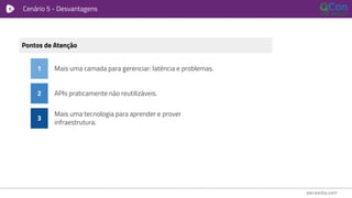 Cenário 5 - Desvantagens
Pontos de Atenção
Mais uma camada para gerenciar: latência e problemas.
Mais uma tecnologia para aprender e prover
infraestrutura.
1
APIs praticamente não reutilizáveis.2
3
 