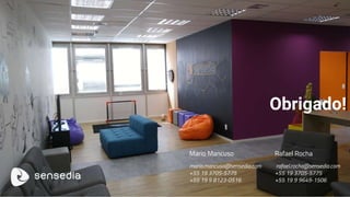 Obrigado!
Rafael Rocha
rafael.rocha@sensedia.com
+55 19 3705-5775
+55 19 9 9649-1506
Mario Mancuso
mario.mancuso@sensedia.com
+55 19 3705-5775
+55 19 9 8123-0516
 