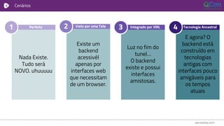Cenários
Existe um
backend
acessivél
apenas por
interfaces web
que necessitam
de um browser.
Luz no fim do
tunel…
O backend
existe e possui
interfaces
amistosas.
Nada Existe.
Tudo será
NOVO. uhuuuuu
Integrado por XMLVisto por uma TelaPerfeito1 2 3
E agora? O
backend está
construído em
tecnologias
antigas com
interfaces pouco
amigáveis para
os tempos
atuais
Tecnologia Ancestral4
 