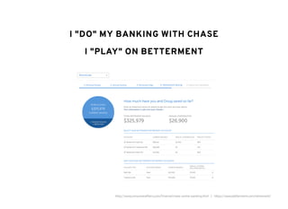 I "DO" MY BANKING WITH CHASEI "DO" MY BANKING WITH CHASE
I "PLAY" ON BETTERMENTI "PLAY" ON BETTERMENT
http://www.consumeraffairs.com/ﬁnance/chase-online-banking.html | https://www.betterment.com/retirement/
 