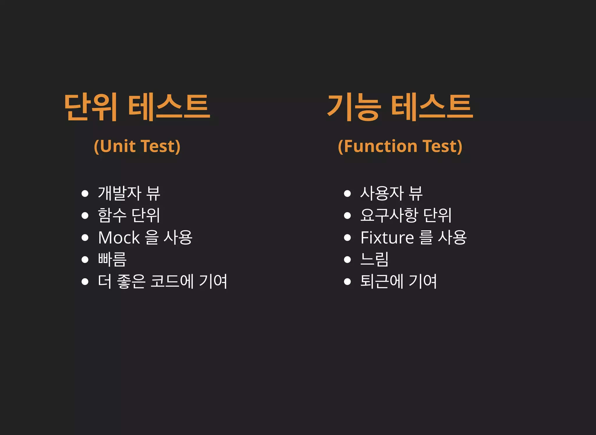 단위단위 테스트테스트
(Unit Test)
기능기능 테스트테스트
(Function Test)
개발자 뷰
함수 단위
Mock 을 사용
빠름
더 좋은 코드에 기여
사용자 뷰
요구사항 단위
Fixture 를 사용
느림
퇴근에 기여
 