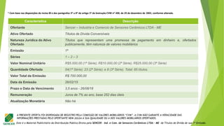 Este é o Material Publicitário da Distribuição Pública Direta pela SENCER - Ind. e Com. de Sensores Cerâmicos LTDA - ME de Títulos de Dívida de sua 1ª Emissão.
A PRESENTE OFERTA FOI DISPENSADA DE REGISTRO PELA COMISSÃO DE VALORES MOBILIÁRIOS “CVM”. A CVM NÃO GARANTE A VERACIDADE DAS
INFORMAÇÕES PRESTADAS PELO OFERTANTE NEM JULGA A SUA QUALIDADE OU A DOS VALORES MOBILIÁRIOS OFERTADOS.
Trata-se de distribuição pública direta realizada pela Emissora, sem a participação de
instituição intermediária, automaticamente dispensada de registro perante a CVM*
* Com base nas disposições do inciso III e dos parágrafos 4º a 8º do artigo 5º da Instrução CVM nº 400, de 29 de dezembro de 2003, conforme alterada.
Característica Descrição
Ofertante Sencer – Industria e Comercio de Sensores Cerâmicos LTDA - ME
Ativo Ofertado Títulos de Dívida Conversíveis
Natureza Jurídica do Ativo
Ofertado
Títulos que representam uma promessa de pagamento em dinheiro e, ofertados
publicamente, têm natureza de valores mobiliários
Emissão 1ª
Séries 1 – 2 – 3
Valor Nominal Unitário R$5.000,00 (1ª Série); R$10.000,00 (2ª Série); R$25.000,00 (3ª Série)
Quantidade Ofertada 54(1ª Série); 23 (2ª Série); e 8 (3ª Série). Total: 85 títulos.
Valor Total da Emissão R$ 700.000,00
Data da Emissão 26/02/15
Prazo e Data de Vencimento 3,5 anos - 26/08/18
Remuneração Juros de 7% ao ano, base 252 dias úteis
Atualização Monetária Não há
 