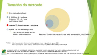 Este é o Material Publicitário da Distribuição Pública Direta pela SENCER - Ind. e Com. de Sensores Cerâmicos LTDA - ME de Títulos de Dívida de sua 1ª Emissão.
A PRESENTE OFERTA FOI DISPENSADA DE REGISTRO PELA COMISSÃO DE VALORES MOBILIÁRIOS “CVM”. A CVM NÃO GARANTE A VERACIDADE DAS
INFORMAÇÕES PRESTADAS PELO OFERTANTE NEM JULGA A SUA QUALIDADE OU A DOS VALORES MOBILIÁRIOS OFERTADOS.
Resumo: O mercado necessita de uma boa solução, URGENTE!!!
6 Milhões de hectares
irrigados (8% da área
cultivada no Brasil)
Área cultivada no Brasil
Cresce 150 mil hectares por ano
Será acelerado devido a crise
hídrica e falta de chuva
Apenas 3% é monitorada e controlada
Fontes: http://www.canalrural.com.br/noticias/agricultura/area-irrigada-brasil-apenas-8020
http://www.agencia.cnptia.embrapa.br/Repositorio/irrigacao_000fl7vsa7f02wyiv80ispcrr5frxoq4.pdf
Tamanho do mercado
 
