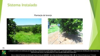 A PRESENTE OFERTA FOI DISPENSADA DE REGISTRO PELA COMISSÃO DE VALORES MOBILIÁRIOS “CVM”. A CVM NÃO GARANTE A VERACIDADE DAS INFORMAÇÕES PRESTADAS PELO
OFERTANTE NEM JULGA A SUA QUALIDADE OU A DOS VALORES MOBILIÁRIOS OFERTADOS.
Este é o Material Publicitário da Distribuição Pública Direta pela SENCER - Ind. e Com. de Sensores Cerâmicos LTDA - ME de Títulos de Dívida de sua 1ª Emissão.
15
Plantação de laranja
Sistema Instalado
15
 