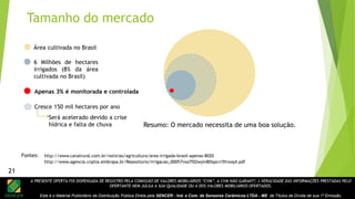 A PRESENTE OFERTA FOI DISPENSADA DE REGISTRO PELA COMISSÃO DE VALORES MOBILIÁRIOS “CVM”. A CVM NÃO GARANTE A VERACIDADE DAS INFORMAÇÕES PRESTADAS PELO
OFERTANTE NEM JULGA A SUA QUALIDADE OU A DOS VALORES MOBILIÁRIOS OFERTADOS.
Este é o Material Publicitário da Distribuição Pública Direta pela SENCER - Ind. e Com. de Sensores Cerâmicos LTDA - ME de Títulos de Dívida de sua 1ª Emissão.
21
Resumo: O mercado necessita de uma boa solução.
6 Milhões de hectares
irrigados (8% da área
cultivada no Brasil)
Área cultivada no Brasil
Cresce 150 mil hectares por ano
Será acelerado devido a crise
hídrica e falta de chuva
Apenas 3% é monitorada e controlada
Fontes: http://www.canalrural.com.br/noticias/agricultura/area-irrigada-brasil-apenas-8020
http://www.agencia.cnptia.embrapa.br/Repositorio/irrigacao_000fl7vsa7f02wyiv80ispcrr5frxoq4.pdf
Tamanho do mercado
21
 