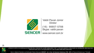 A PRESENTE OFERTA FOI DISPENSADA DE REGISTRO PELA COMISSÃO DE VALORES MOBILIÁRIOS “CVM”. A CVM NÃO GARANTE A VERACIDADE DAS INFORMAÇÕES PRESTADAS PELO
OFERTANTE NEM JULGA A SUA QUALIDADE OU A DOS VALORES MOBILIÁRIOS OFERTADOS.
Este é o Material Publicitário da Distribuição Pública Direta pela SENCER - Ind. e Com. de Sensores Cerâmicos LTDA - ME de Títulos de Dívida de sua 1ª Emissão.
35
 
