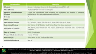 A PRESENTE OFERTA FOI DISPENSADA DE REGISTRO PELA COMISSÃO DE VALORES MOBILIÁRIOS “CVM”. A CVM NÃO GARANTE A VERACIDADE DAS INFORMAÇÕES PRESTADAS PELO
OFERTANTE NEM JULGA A SUA QUALIDADE OU A DOS VALORES MOBILIÁRIOS OFERTADOS.
Este é o Material Publicitário da Distribuição Pública Direta pela SENCER - Ind. e Com. de Sensores Cerâmicos LTDA - ME de Títulos de Dívida de sua 1ª Emissão.
Característica Descrição
Ofertante Sencer – Industria e Comercio de Sensores Cerâmicos LTDA - ME
Ativo Ofertado Títulos de Dívida Conversíveis em ações
Natureza Jurídica do Ativo
Ofertado
Títulos que representam uma promessa de pagamento em dinheiro e, ofertados
publicamente, têm natureza de valores mobiliários
Emissão 1ª
Séries 1 – 2 – 3
Valor Nominal Unitário R$1.000,00 (1ª Série); R$5.000,00 (2ª Série); R$25.000,00 (3ª Série)
Quantidade Ofertada 80(1ª Série); 64 (2ª Série); e 12 (3ª Série). Total: 156 títulos (estimado)
Valor Total da Emissão
Até 700mil, possivelmente em três etapas, podendo ser encerrada antes a critério da
Emissora
Data da Emissão 30/03/15 (estimado)
Prazo e Data de Vencimento 5 anos -30/03/20
Remuneração Juros de 6% ao ano, base 252 dias úteis
Atualização Monetária Não há
4
 