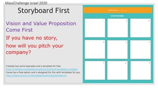 MassChallenge Israel 2020
Storyboard First
Vision and Value Proposition
Come First
If you have no story,
how will you pitch your
company?
Creately has some examples and a template for free
https://creately.com/blog/examples/storyboard-templates-creately/
Canva has a free option and is designed for this with templates for you
https://www.canva.com/templates/search/presentations/
 