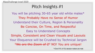 MassChallenge Israel 2020
Pitch Insights #1
You will be pitching 30-65 year old white males*
They Probably Have no Sense of Humor
Understand their Culture, Region & Personality
Be Concise, On Time, and Respectful
Easy to Understand Concepts
Simple, Consistent and Clean Visuals and Layouts
Your Eloquence will be Crushed by Technical Jargon
“We are the Zoom of Z” NO! You are unique!
*=Over 91% of VCs decision makers are male
 
