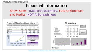 MassChallenge Israel 2020
Financial Information
Show Sales, Traction/Customers, Future Expenses
and Profits, NOT A Spreadsheet
Mint.com
https://piktochart.com/blog/startup-pitch-decks-what-you-can-learn/#Buzzfeed
 