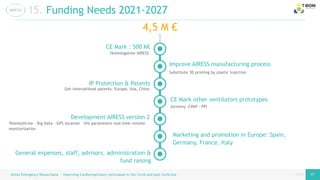 page
page
Airess Emergency Resuscitator – Improving Cardiorespiratory techniques in the Covid and post Covid era 17 17
15. Funding Needs 2021-2027
4,5 M €
Development AIRESS version 2
Telemedicine – Big Data – GPS location – life parameters real-time remote
monitorization
CE Mark : 500 K€
Homologation AIRESS
CE Mark other ventilators prototypes
Marketing and promotion in Europe: Spain,
Germany, France, Italy
IP Protection & Patents
Improve AIRESS manufacturing process
General expenses, staff, advisors, administration &
fund raising
Airmony -CPAP - PPI
Get international patents: Europe, Usa, China
Substitute 3D printing by plastic injection
 