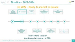 page
page
Airess Emergency Resuscitator – Improving Cardiorespiratory techniques in the Covid and post Covid era 18 18
16. Timeline – 2022-2024
3Q 2022 – Ready to market in Europe
Step 1
2015-2020
3 ventilators
prototypes design
Step 2
AIRESS Prototype
Development
Finished
We are here
Step 3 2Q21
AIRESS
homologation
Step 5
AIRESS DIGITAL
App – portal – remote
control - GPS
Step 8
Launch operations in
Asia
Step 7
CE Mark Airmony & EPI
Ventilators
Step 4 3Q21
Commercial operations in
Spain, France, Germany,
Italy
Step 4
Prototype reengineering for
massive industrial
production
International vocation
Continuous investments in R&D
 