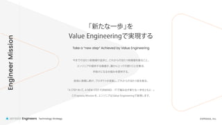 ©SPRASIA, Inc.
Technology Strategy
Engineers
「新たな一歩」
を
Value Engineeringで実現する
Take a “new step” Achieved by Value Engineering
今までの当たり前価値の追求と、
これからの当たり前価値を創ること。
エンジニアの提供する価値が、
誰かにとっての困りごとを解決、
手助けになる仕組みを提供する。
技術に挑戦し続け、
プロダクトが成長し、
これからの当たり前を創る。
「A STEP IN I.T., A NEW STEP FORWARD. - IT で踏み出す新たな一歩をともに -」
このsprasia Missionを、
エンジニアはValue Engineeringで実現します。
Engineer
Mission
 