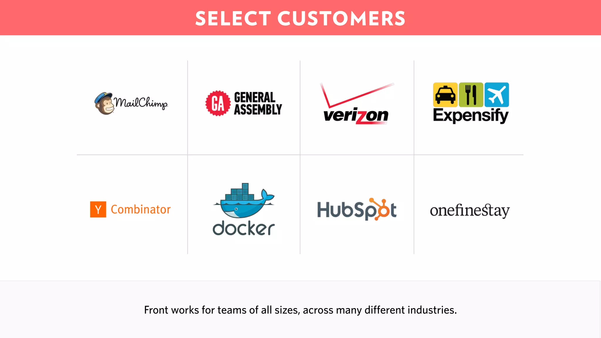 SELECT CUSTOMERS
Front works for teams of all sizes, across many different industries.
 
