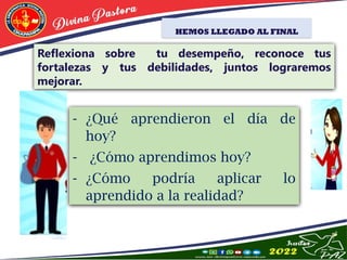 HEMOS LLEGADO AL FINAL
Reflexiona sobre tu desempeño, reconoce tus
fortalezas y tus debilidades, juntos lograremos
mejorar.
- ¿Qué aprendieron el día de
hoy?
- ¿Cómo aprendimos hoy?
- ¿Cómo podría aplicar lo
aprendido a la realidad?
 
