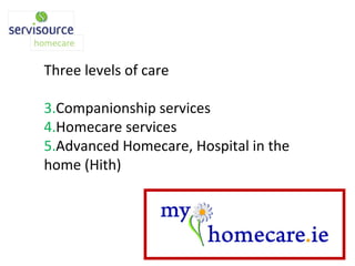 Three levels of care Companionship services Homecare services Advanced Homecare, Hospital in the home (Hith) 