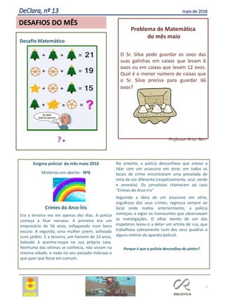 5
DeClara, nº 13 maio de 2018
Problema de Matemática
do mês maio
O Sr. Silva pode guardar os ovos das
suas galinhas em caixas que levam 6
ovos ou em caixas que levam 12 ovos.
Qual é o menor número de caixas que
o Sr. Silva precisa para guardar 66
ovos?
Professor Artur Neri
Desafio Matemático
? =
DESAFIOS DO MÊS
Enigma policial do mês maio 2018
Mistérios em aberto - Nº6
Crimes do Arco-Íris
Era a terceira vez em apenas dez dias. A polícia
começa a ficar nervosa. A primeira era um
empresário de 56 anos, esfaqueado num beco
escuro. A segunda, uma mulher jovem, asfixiado
num jardim. E a terceira, um homem de 33 anos,
baleado à queima-roupa na sua própria casa.
Nenhuma das vítimas se conhecia, não viviam na
mesma cidade, e nada no seu passado indicava o
que quer que fosse em comum.
No entanto, a polícia desconfiava que estava a
lidar com um assassino em série: em todos os
locais de crime encontraram uma pincelada de
tinta de cor diferente (respetivamente, azul, verde
e amarela). Os jornalistas chamaram ao caso
“Crimes do Arco-íris”
Seguindo a ideia de um assassino em série,
orgulhoso dos seus crimes, regressa sempre ao
local onde matou anteriormente, a polícia
começou a vigiar os transeuntes que observavam
as investigações. O olhar atento de um dos
inspetores levou-o a deter um artista de rua, que
trabalhava calmamente num dos seus quadros a
alguns metros do aparato policial.
Porque é que a polícia desconfiou do pintor?
 