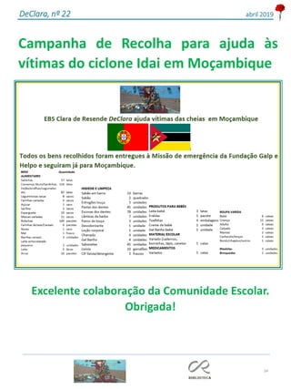 34
DeClara, nº 22 abril 2019
Excelente colaboração da Comunidade Escolar.
Obrigada!
Campanha de Recolha para ajuda às
vítimas do ciclone Idai em Moçambique
 