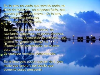 Eu te amo no vento que vem do norte, na linha do horizonte, na pequena fonte, nas nuvens grávidas de chuva... eu te amo nos meus dias nefastos e nos meus dias de sorte. Eu te amo na árvore frondosa, na montanha majestosa, na pedra preciosa, nas miríades de estrelas do universo... eu te amo no pequeno átomo, na imponderável constelação, eu te amo para além de qualquer humana compreensão. Eu te amo pelo pouco que sei de ti, pelo muito que ignoro e por aquilo que somente posso pressentir.  
