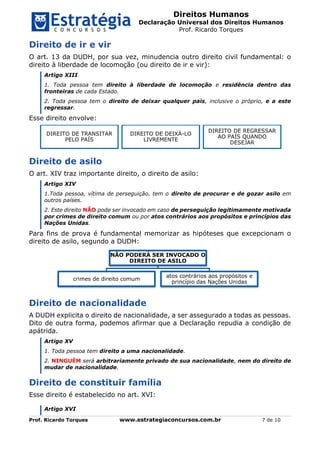 Direitos Humanos
Declaração Universal dos Direitos Humanos
Prof. Ricardo Torques
Prof. Ricardo Torques www.estrategiaconcursos.com.br 7 de 10
Direito de ir e vir
O art. 13 da DUDH, por sua vez, minudencia outro direito civil fundamental: o
direito à liberdade de locomoção (ou direito de ir e vir):
Artigo XIII
1. Toda pessoa tem direito à liberdade de locomoção e residência dentro das
fronteiras de cada Estado.
2. Toda pessoa tem o direito de deixar qualquer país, inclusive o próprio, e a este
regressar.
Esse direito envolve:
Direito de asilo
O art. XIV traz importante direito, o direito de asilo:
Artigo XIV
1.Toda pessoa, vítima de perseguição, tem o direito de procurar e de gozar asilo em
outros países.
2. Este direito NÃO pode ser invocado em caso de perseguição legitimamente motivada
por crimes de direito comum ou por atos contrários aos propósitos e princípios das
Nações Unidas.
Para fins de prova é fundamental memorizar as hipóteses que excepcionam o
direito de asilo, segundo a DUDH:
Direito de nacionalidade
A DUDH explicita o direito de nacionalidade, a ser assegurado a todas as pessoas.
Dito de outra forma, podemos afirmar que a Declaração repudia a condição de
apátrida.
Artigo XV
1. Toda pessoa tem direito a uma nacionalidade.
2. NINGUÉM será arbitrariamente privado de sua nacionalidade, nem do direito de
mudar de nacionalidade.
Direito de constituir família
Esse direito é estabelecido no art. XVI:
Artigo XVI
DIREITO DE TRANSITAR
PELO PAÍS
DIREITO DE DEIXÁ-LO
LIVREMENTE
DIREITO DE REGRESSAR
AO PAÍS QUANDO
DESEJAR
NÃO PODERÁ SER INVOCADO O
DIREITO DE ASILO
crimes de direito comum
atos contrários aos propósitos e
princípio das Nações Unidas
 