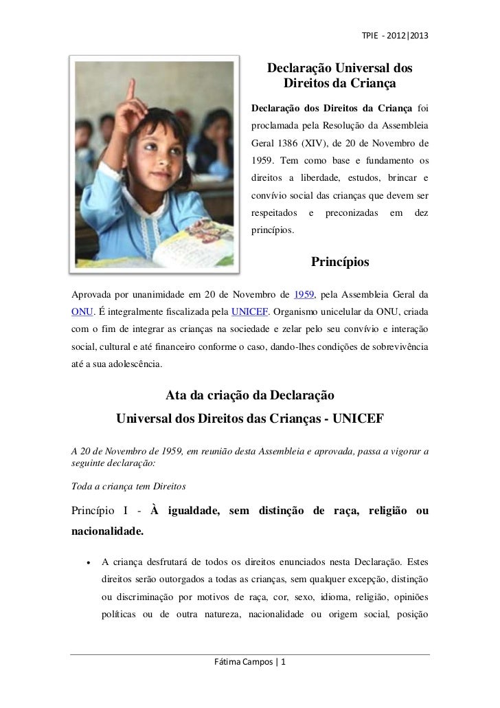 Declaração Universal Dos Direitos Da Criança Onu 20 11 1959