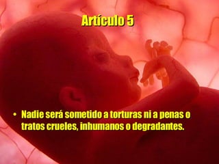 Artículo 5   Nadie será sometido a torturas ni a penas o tratos crueles, inhumanos o degradantes. 